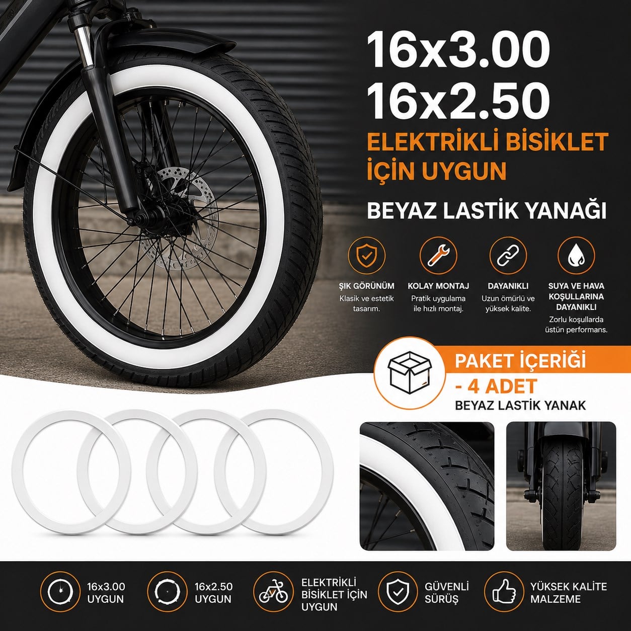 Lastik Beyaz Yanak 4 Adet 16x250 16x300 - Elektrikli Bisiklet