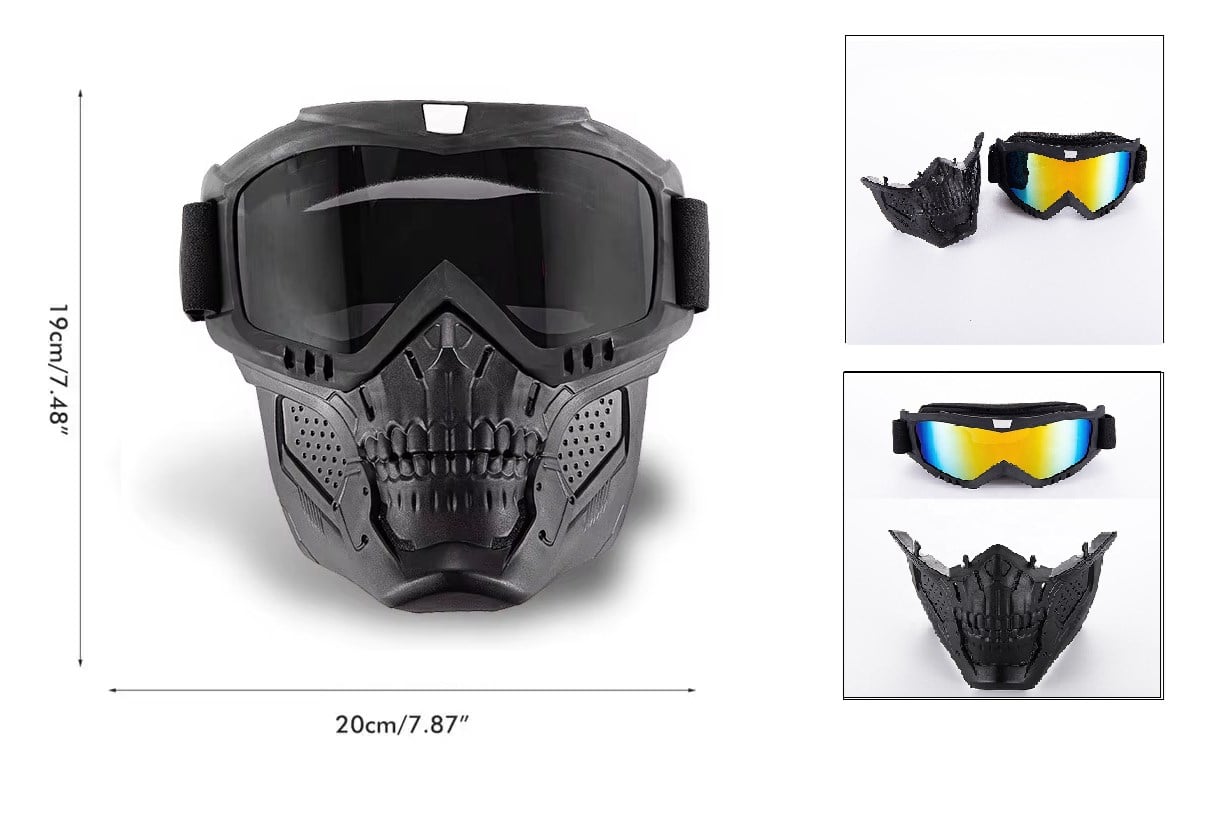 Motosiklet İskelet Maske Gözlük Seti Siyah Cam Çift Fonksiyonlu Universal