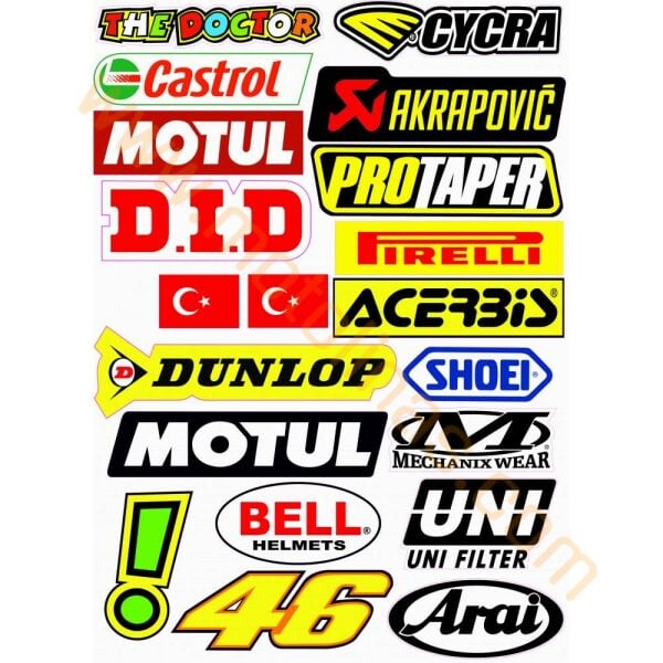 MOTORSİKLET MARKA STİCKER A4 BOYU 18 PARÇA SET AKSEUSAR LNS01