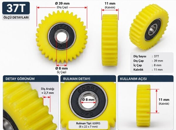 Pedal Destekli Ebike 3 Lü Motor Dişli Seti [ 37 Diş-11mm ] - Fatbike Yedek Parça