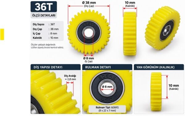 Pedal Destekli Ebike 3 Lü Motor Dişli Seti [ 36 Diş-10mm ] - Fatbike Yedek Parça