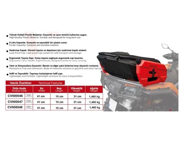 ATV, UTV BENZİN BİDONU + BAĞLANTI APARATI 5 LİTRE ADET FİYAT