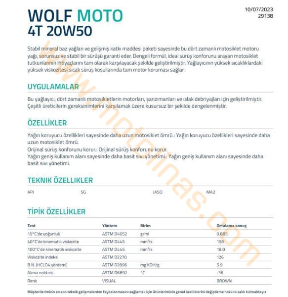 WOLF ( BELÇİKA MALI )  20w50 MİNERAL 4T 1 LİTRE YAĞ