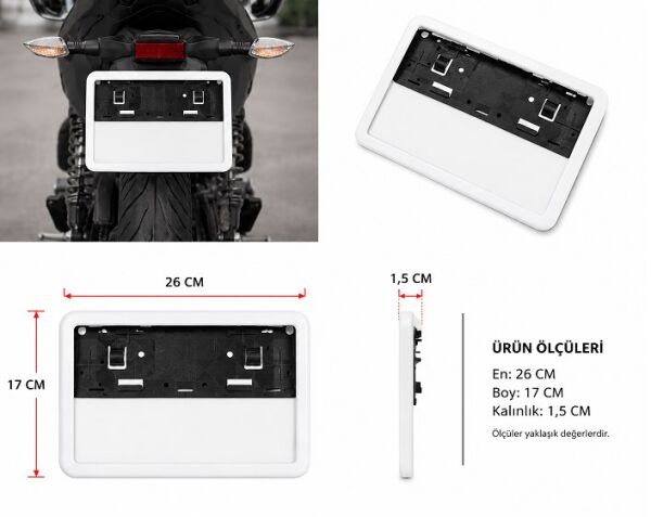Motosiklet Plakalık 26x17 Cm Beyaz Çerçeveli Universal Plaka Altlığı ATV Uyumlu