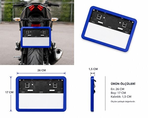 Motosiklet Plakalık 26x17 Cm Mavi Çerçeveli Universal Plaka Altlığı ATV Uyumlu