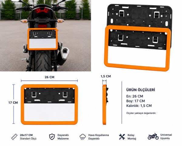 Motosiklet Plakalık 26x17 Cm Turuncu Çerçeveli Universal Plaka Altlığı ATV Uyumlu