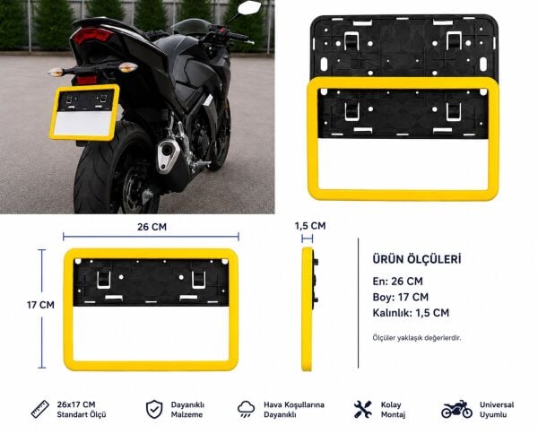 Motosiklet Plakalık 26x17 Cm Sarı Çerçeveli Universal Plaka Altlığı ATV Uyumlu