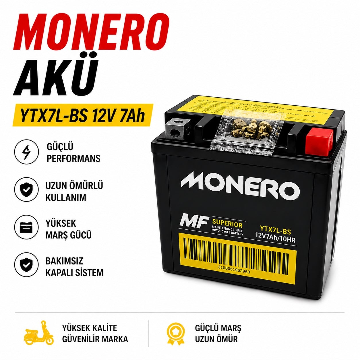 Honda Spacy Aküsü YTX7L-BS 12V 7Ah Bakımsız MF Akü Monero
