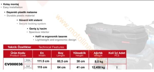ATV ARKA ÇANTA CV-130 Litre SİYAH METAL ANAHTALI KİLİT