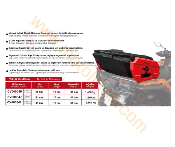 ATV, UTV BENZİN BİDONU + BAĞLANTI APARATI 5 LİTRE ADET FİYAT