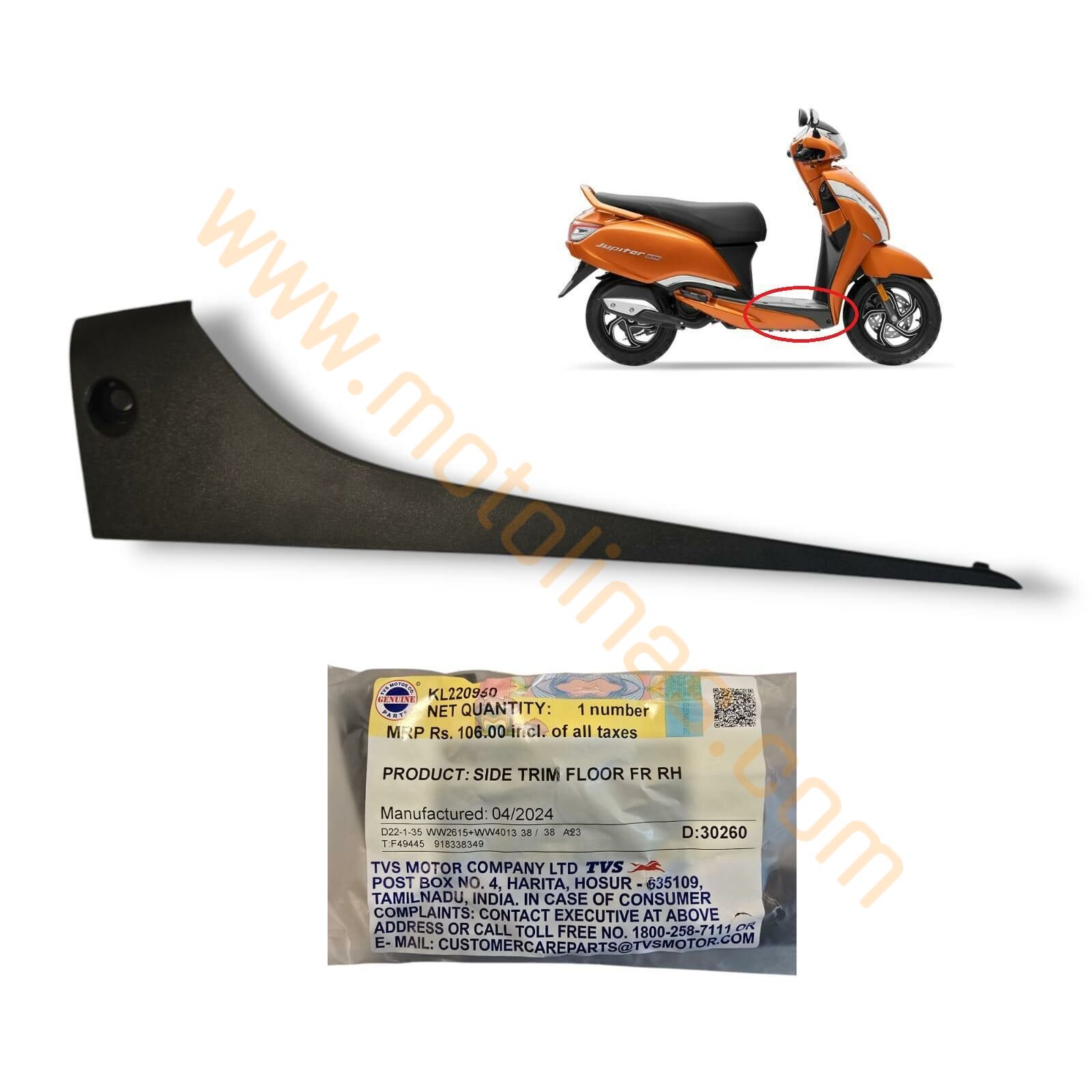 TVS Jüpiter 125 Sağ Marşbiyel yan plastiği siyah tek parça Orjinal, KL2205991F